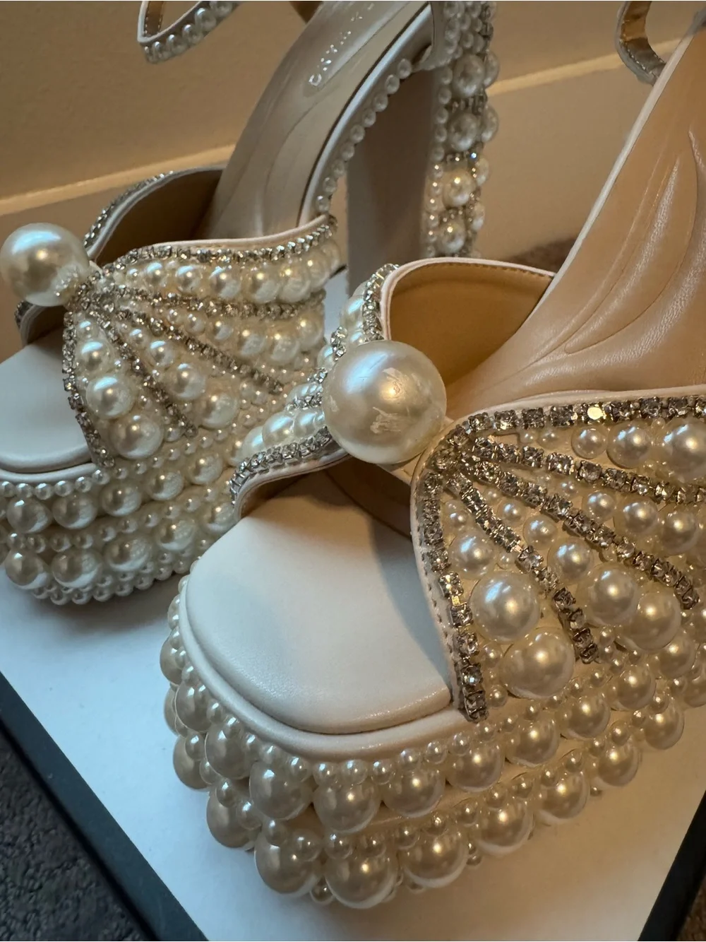 Astrella Pearl-Embellished White Platform Heel Sandal